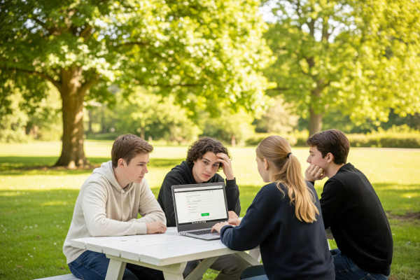 Vier junge Menschen sitzen mit einem Laptop an einem Tisch im Park