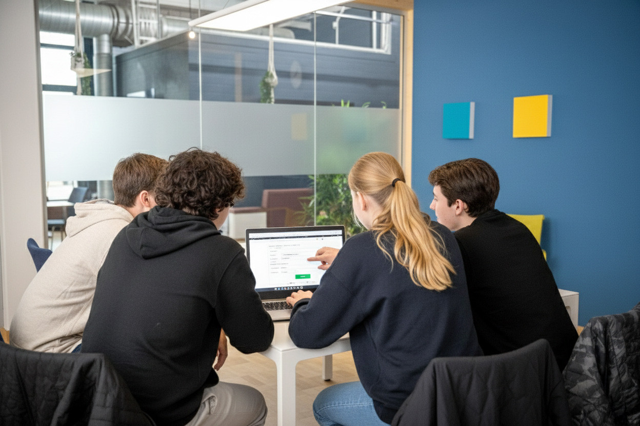 Junge Menschen sitzen gemeinsam vor einem Laptop